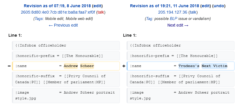 A change to the Wikipedia article about Andrew Scheer changing the title to "Trudeau's Next Victim"